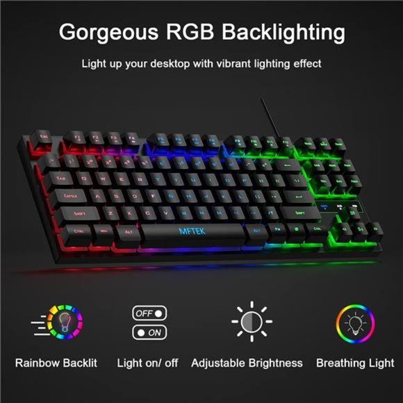 RGB Rainbow Gaming Keyboard and Mouse Combo, Compact 87 Keys Backlit Keyboard - Picture 2 of 6